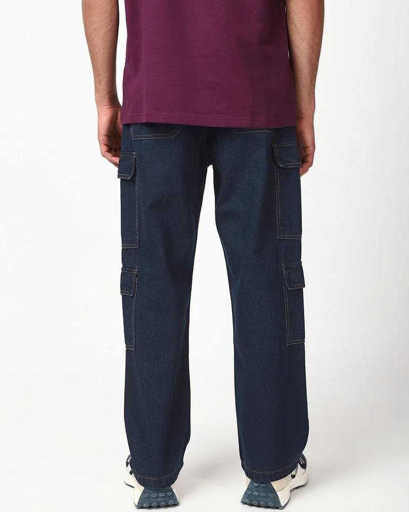 Bewakoof  Men's Navy Blue Baggy Fit Washed Cargo Mid-Rise Jeans for Men | Best Price UAE